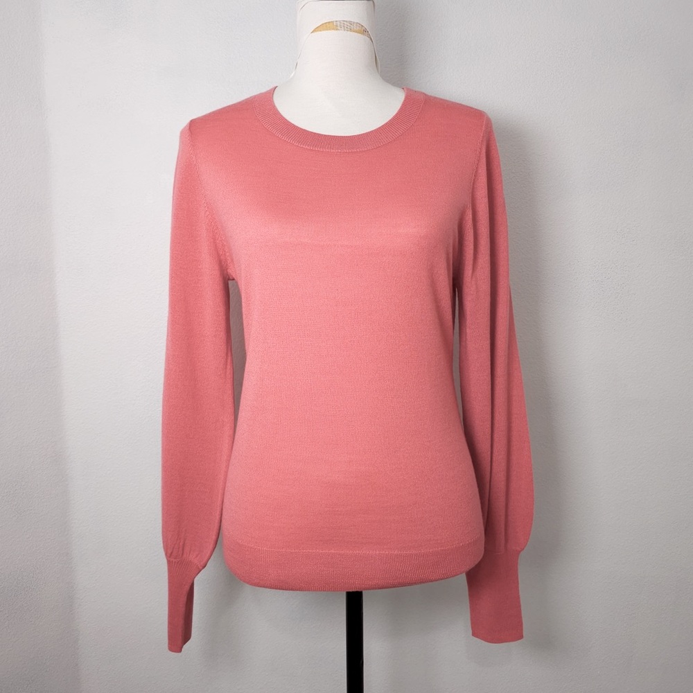 Halogen Women's Pink Apricot Crewneck Balloon Sleeve Merino Wool Sweater Size S
